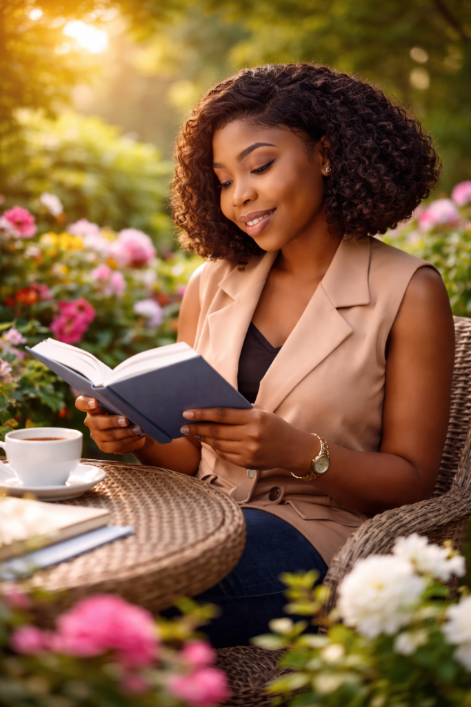 reading in a serene garden